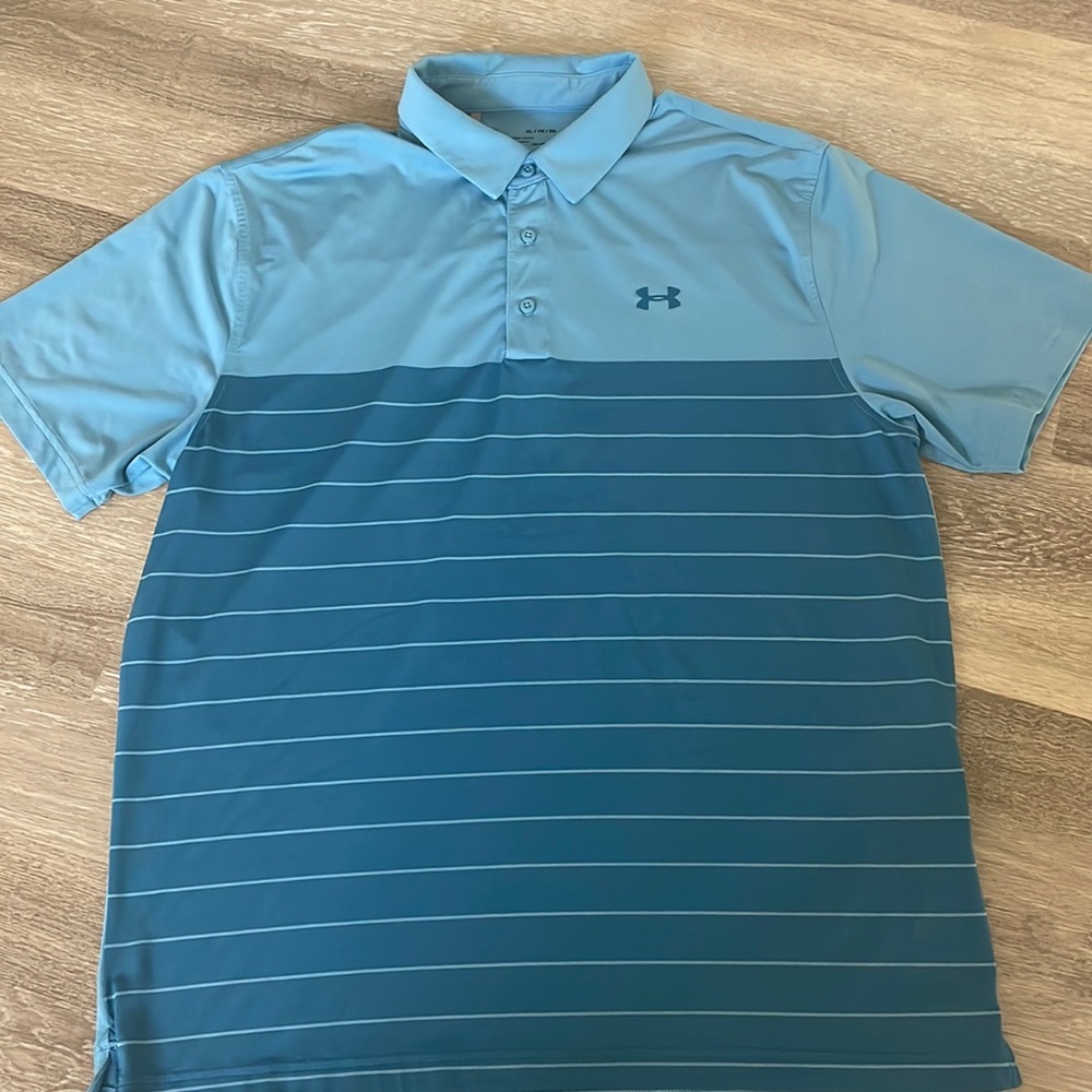 Like 🆕 Under Armour Men’s Polo in Ocean blue stripe, Size XL